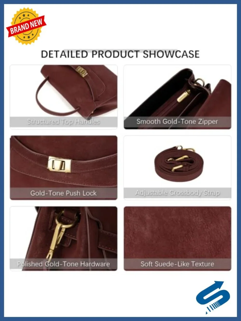 Suede Top Handle Shoulder Bag with Gold-Tone Lock, Vintage Purse for Work &